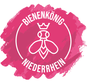 Logo des Bienenkönigs Niederrhein mit stilisierter Biene und Krone auf pinkem Hintergrund.